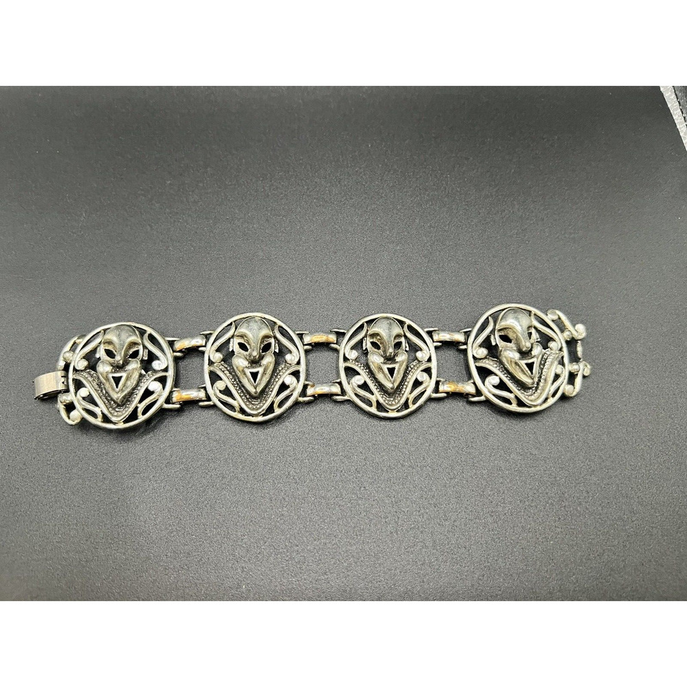 Unique Vtg Signed SELINI Art Drama Faces Masks Wide Panel Linked Silver Bracelet - Picture 2 of 6